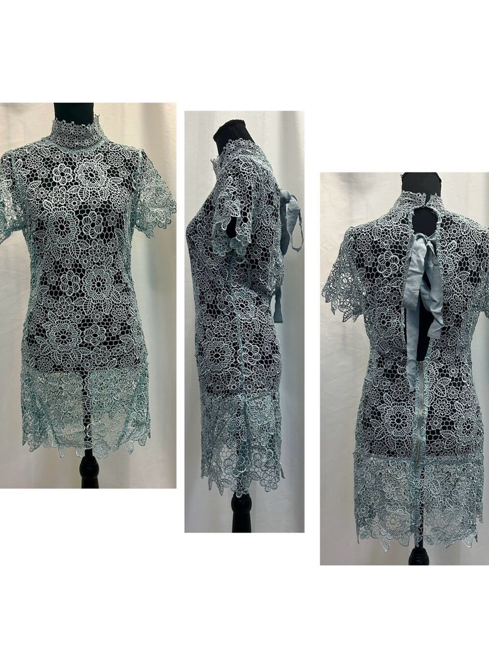 SELF PORTRAIT PEEP BACK FLORAL LACE MINI DRESS LIGHT BLUE 4 - Picture 7 of 15